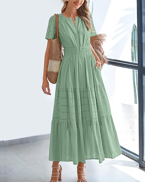 Solid Cotton Maxi Dress V Neck Puff Sleeve Smocked Dress