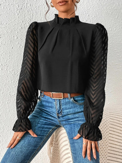 Mock Neck Chiffon Blouse Lace Sleeve Elegant Work Top