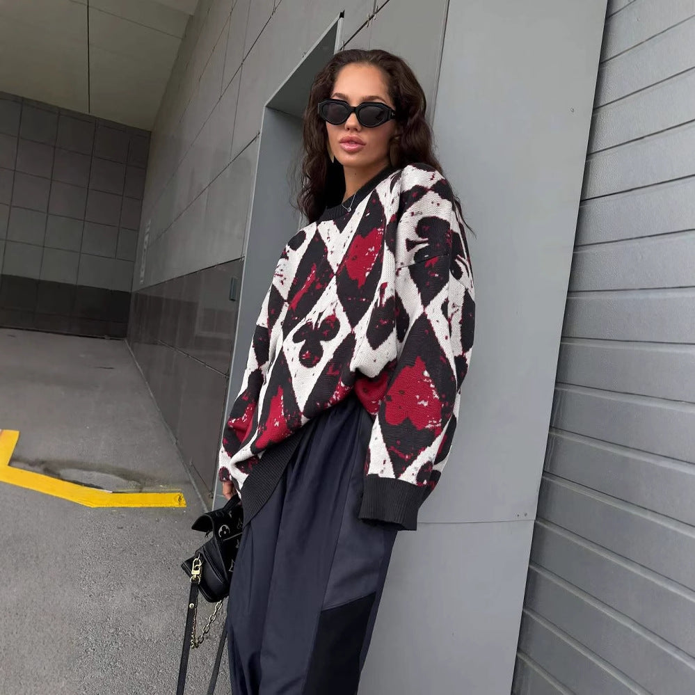 Womens Oversized Vintage Argyle Knit Sweater