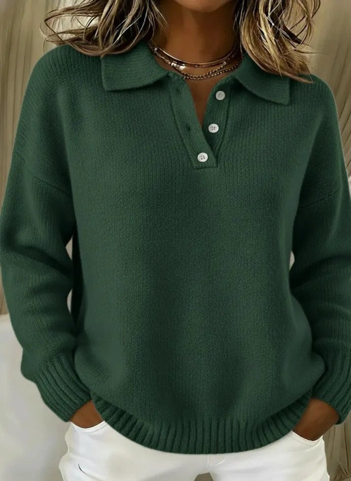 Oversized Polo Knit Sweater with Button Front Collar