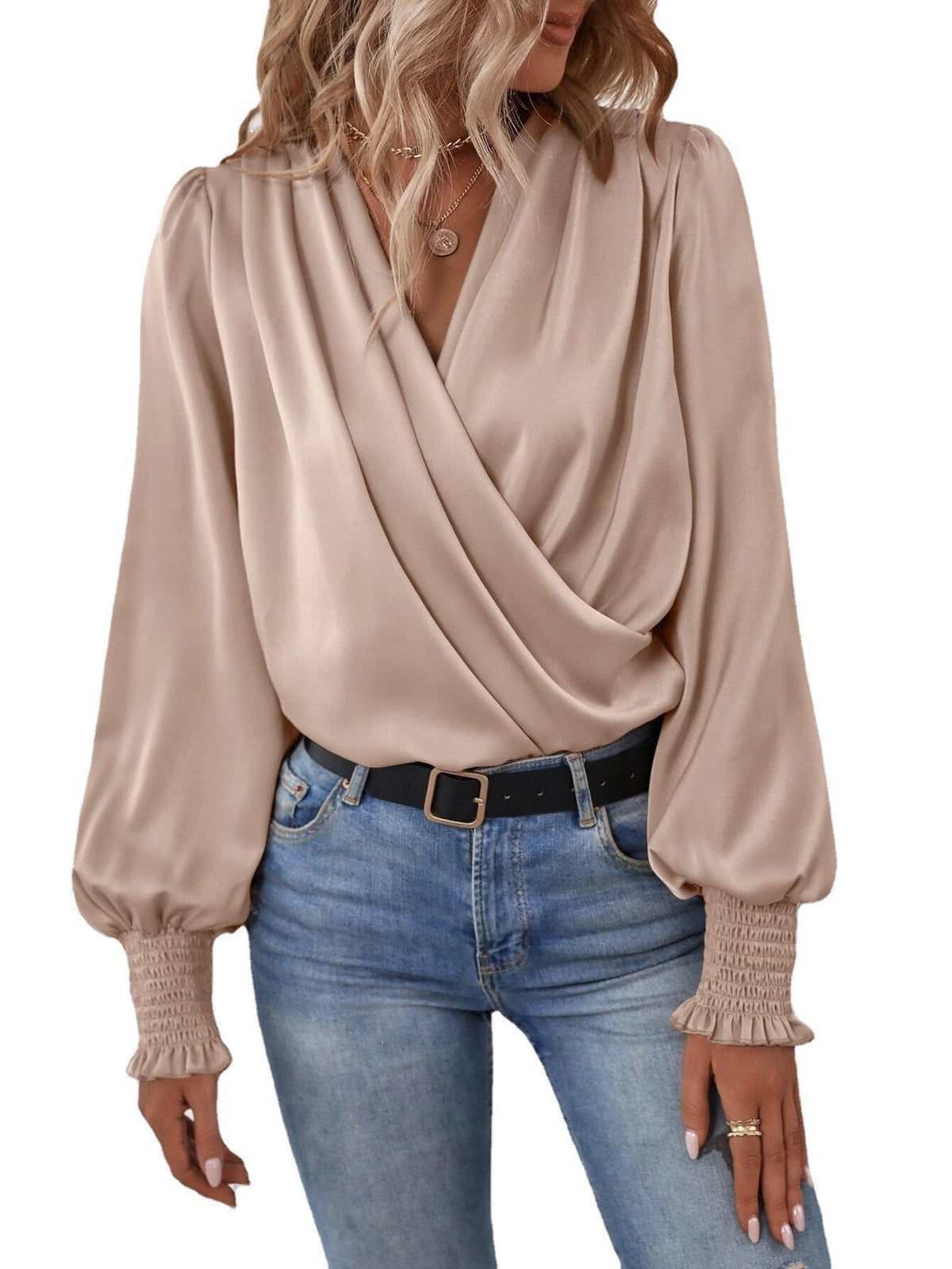 Women's Cowl Neck Blouse Balloon Sleeve Smocked Cuff Top