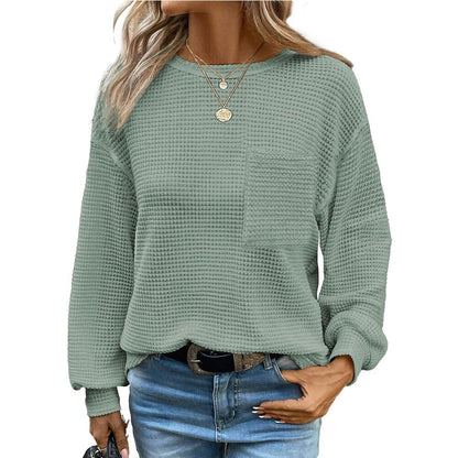 Women's Oversized Waffle Knit Crew Neck Pocket Top