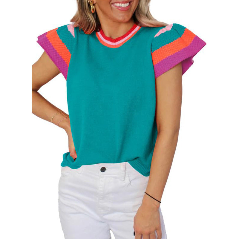 Colorblock Knit Short-Sleeve Sweater