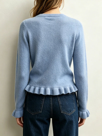 Ruffle Hem Knit Sweater Crew Neck Long Sleeve Top