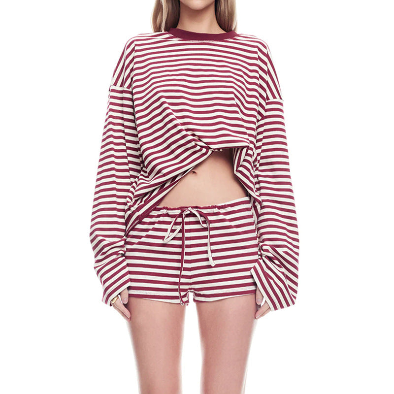 Oversized Striped Long Sleeve Top and Shorts Matching Set