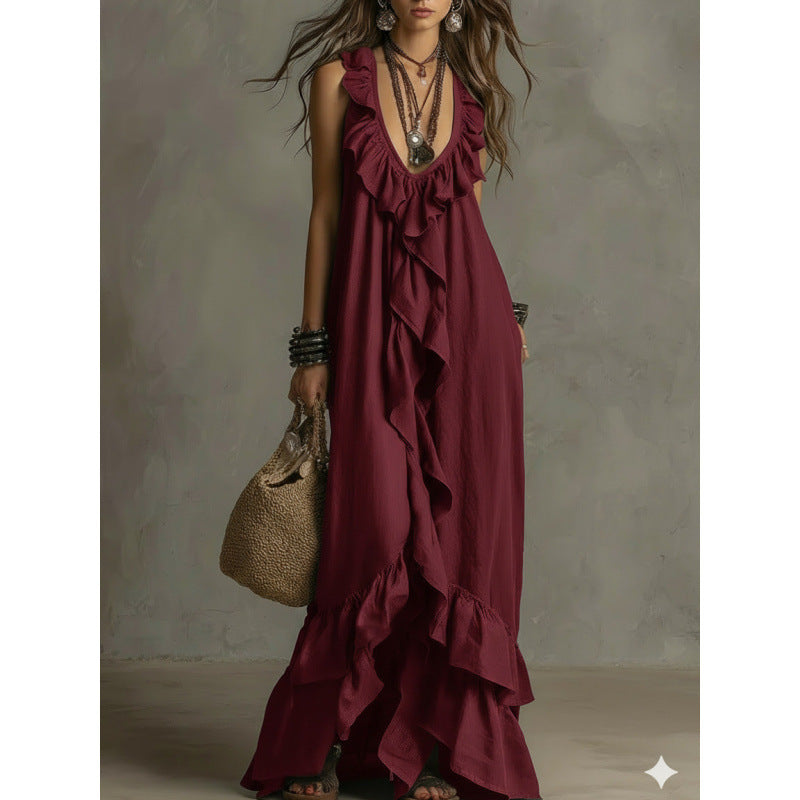 Women's Boho Ruffle V-Neck Sleeveless Maxi Dress