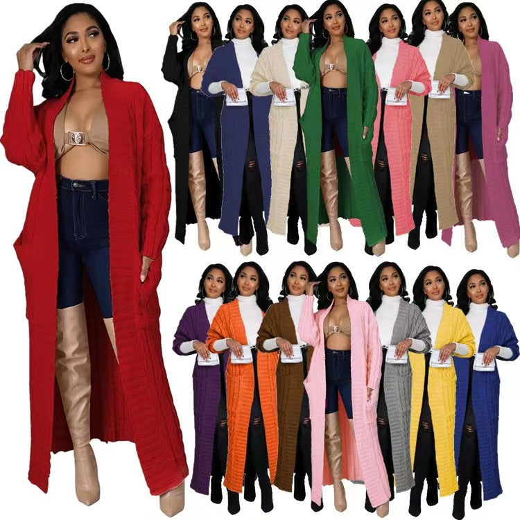 Long Cable Knit Open Front Cardigan with Pockets