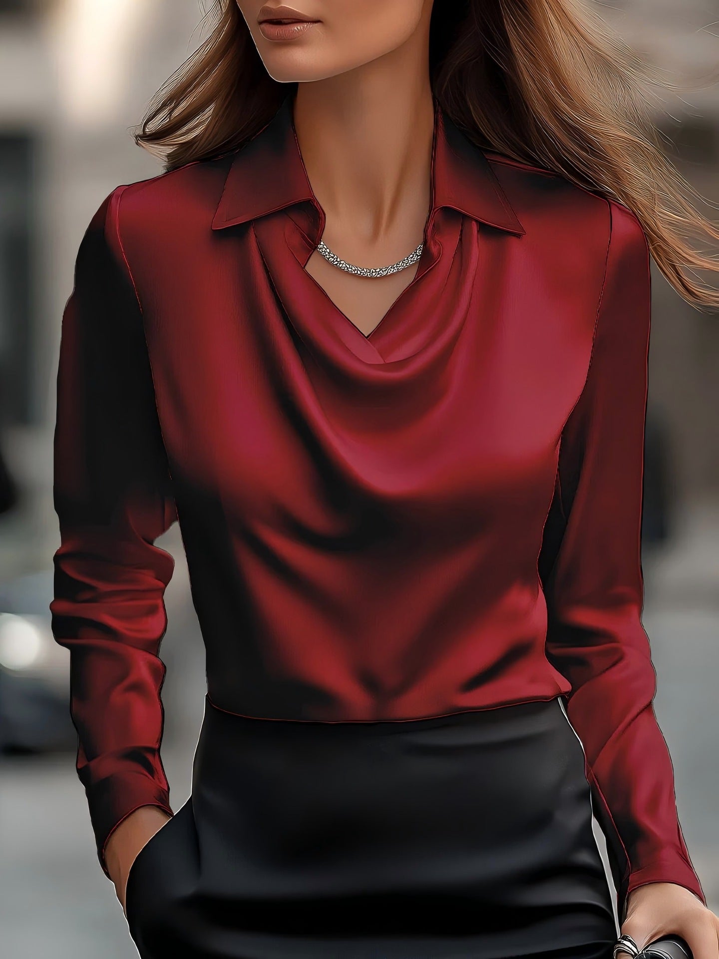 Women's Satin Cowl Neck Collared Long Sleeve Blouse
