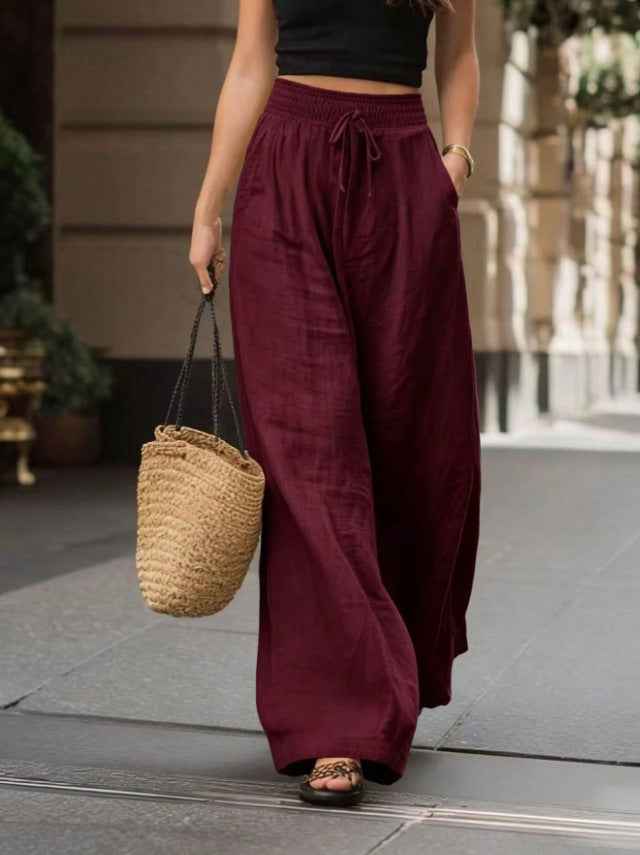 Women's Smocked High Waist Linen Blend Wide Leg Pants
