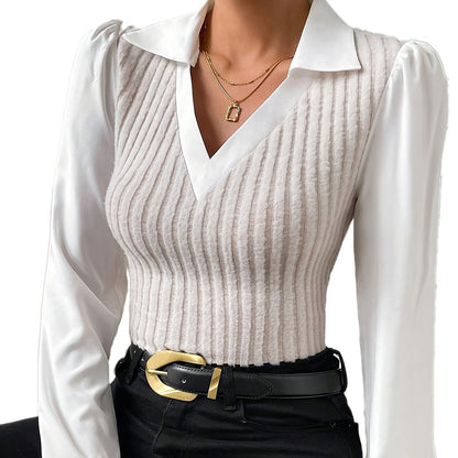 Collared V Neck Mixed Media Long Sleeve Knit Top