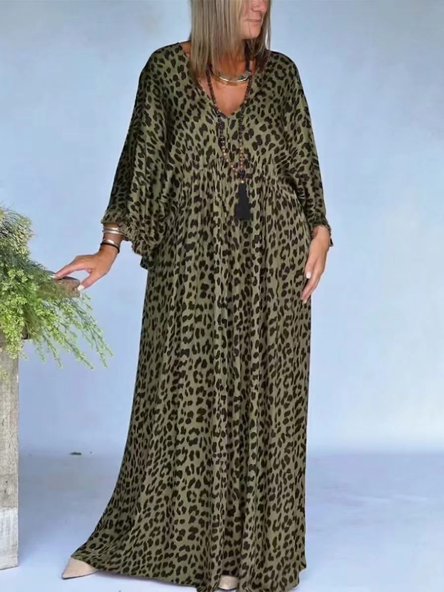 Leopard Print Maxi Dress V-Neck Batwing Sleeve