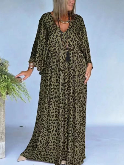 Leopard Print Maxi Dress V-Neck Batwing Sleeve