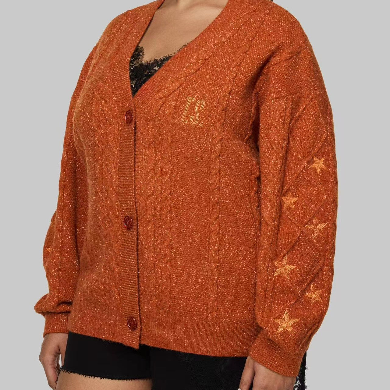 Oversized Cable Knit Star Embroidered Cardigan Sweater