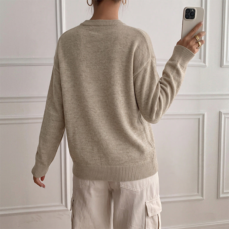 Solid Layered Knit Sweater Henley Neck Relaxed Fit