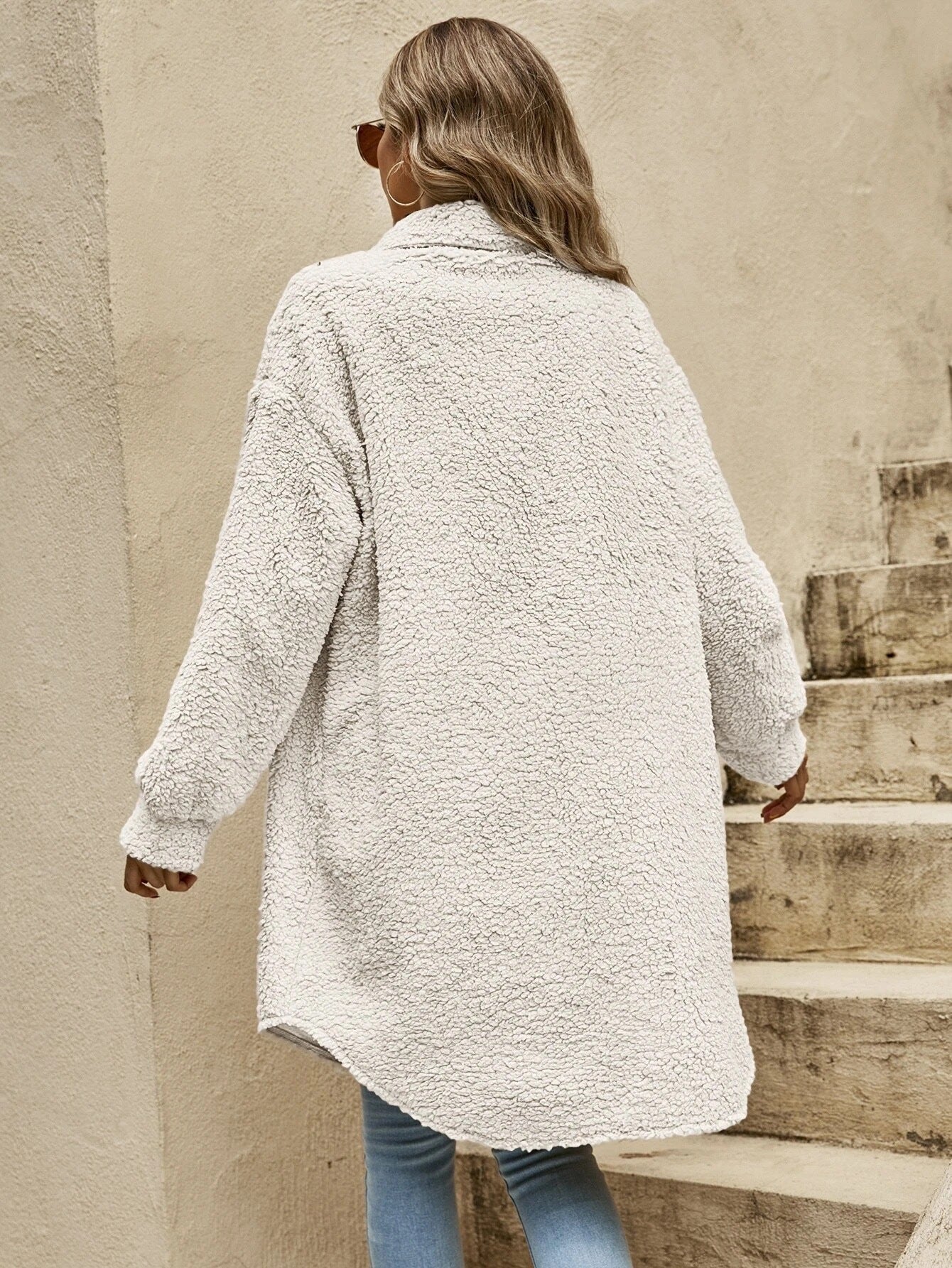 Women's Long Sherpa Jacket Button Down Collared Coat