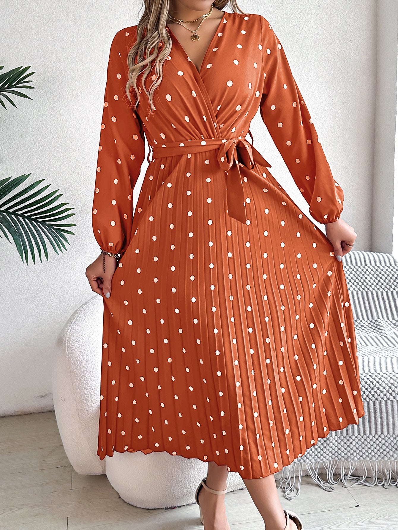 Elegant Polka Dot Cross-Over V-Neck Pleated Midi Dress
