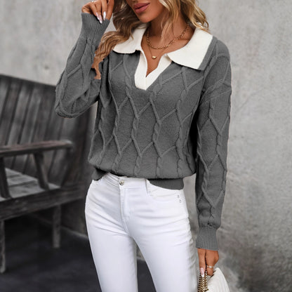 Women's Cable Knit Collared V-Neck Pullover Sweater