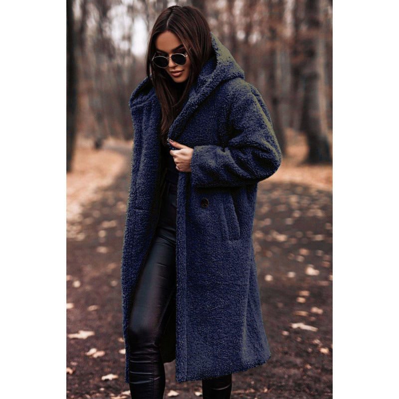 Womens Oversized Long Teddy Coat Lapel Button Jacket