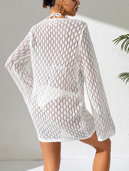 Women's Sheer Crochet Swim Cover Up Long Sleeve Beach Dress