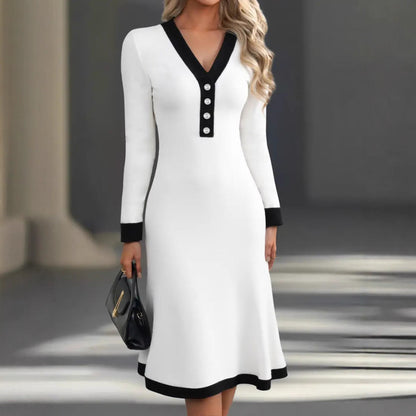 Colorblock V Neck Button Long Sleeve Midi Work Dress