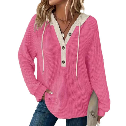 Women's Waffle Knit Color Block Henley Hoodie Long Sleeve