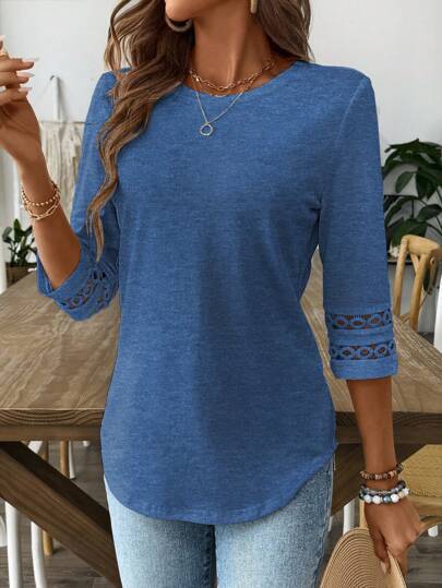 Women's Lace Trim 3/4 Sleeve Tunic Blouse