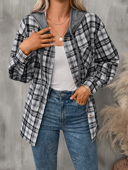 Plaid hooded button down shirt oversized fit