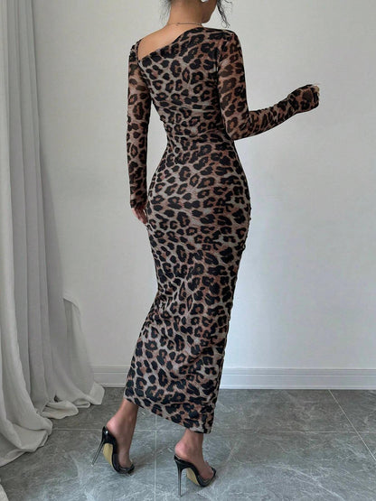Leopard Mesh Asymmetrical Neck Ruched Bodycon Midi Dress