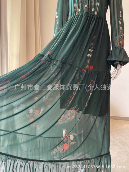 Boho Floral Maxi Dress Long Sleeve Mesh Flowy