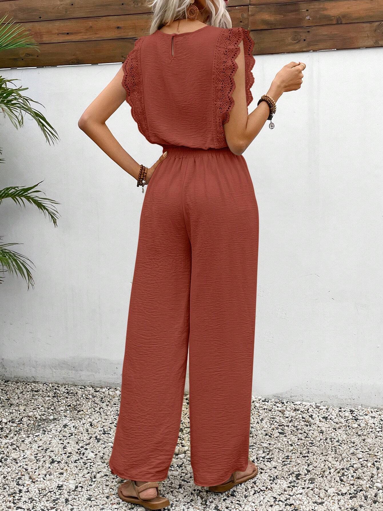 Lace Sleeve Summer Jumpsuit for Women with Drawstring
