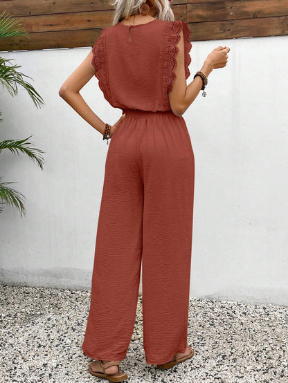 Lace Sleeve Summer Jumpsuit for Women with Drawstring