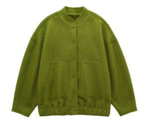 Women's Cropped Fleece Jacket Stand Collar Button Front