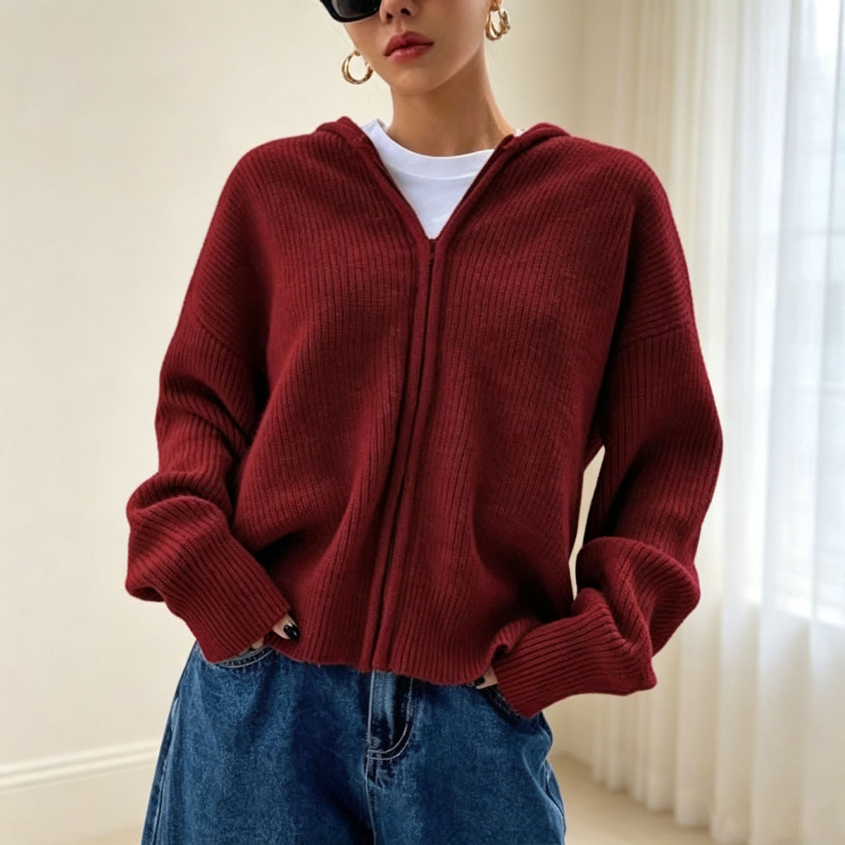 Women's Hooded Ribbed Zip Up Cardigan Sweater