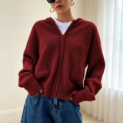 Women's Hooded Ribbed Zip Up Cardigan Sweater