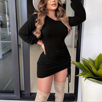 One Shoulder Long Sleeve Ruched Bodycon Mini Dress