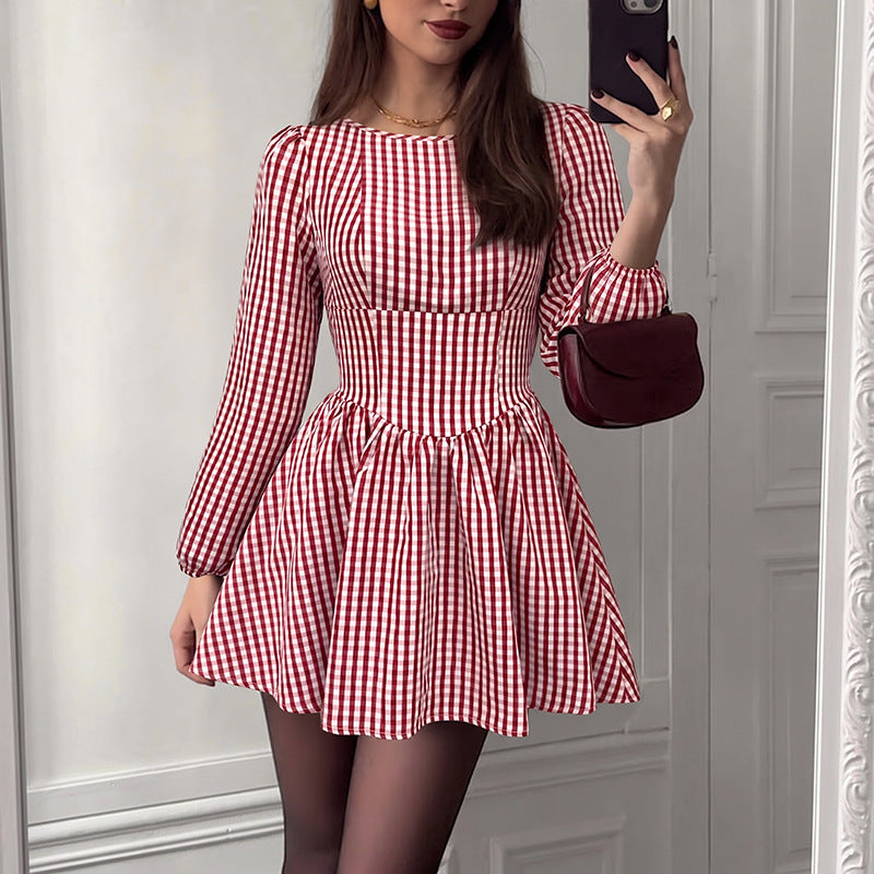 Gingham Bow Back Long Sleeve Christmas Mini Dress