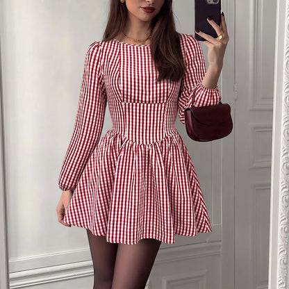 Gingham Bow Back Long Sleeve Christmas Mini Dress