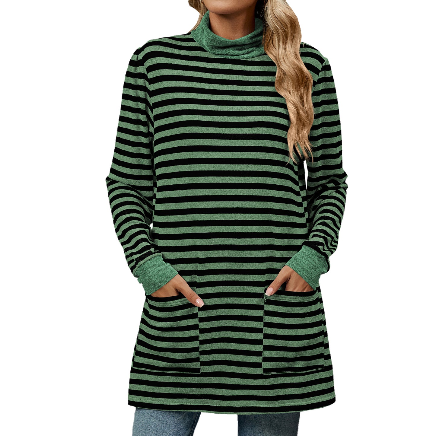 Oversized Striped Turtleneck Tunic Long Sleeve with Pockets