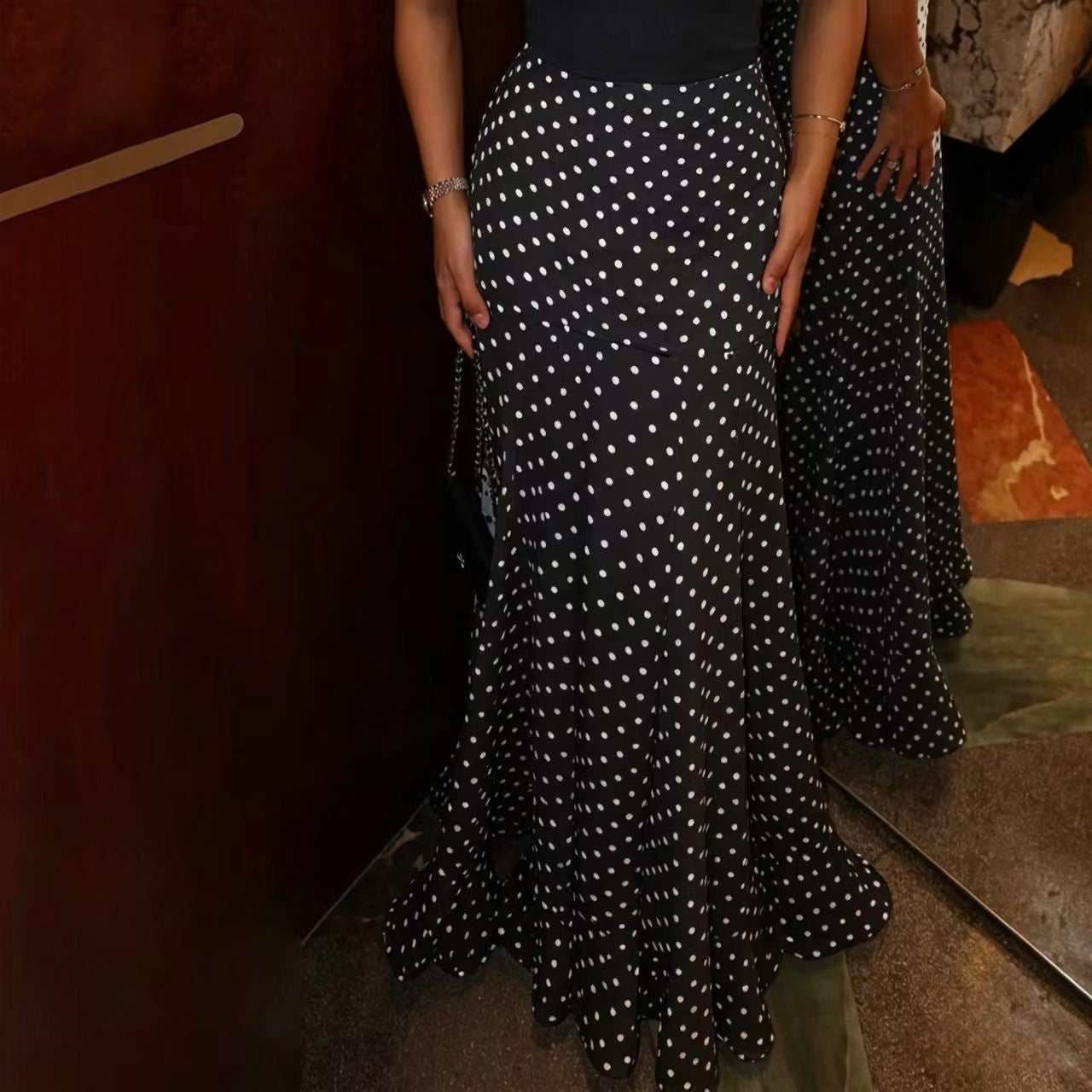 Women's Polka Dot High Waist Chiffon Maxi Skirt Ruffle Hem