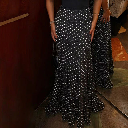 Women's Polka Dot High Waist Chiffon Maxi Skirt Ruffle Hem