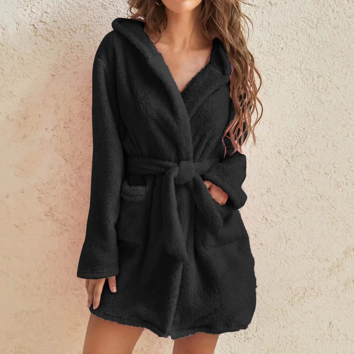 Womens Hooded Plush Fleece Robe Soft Warm Winter