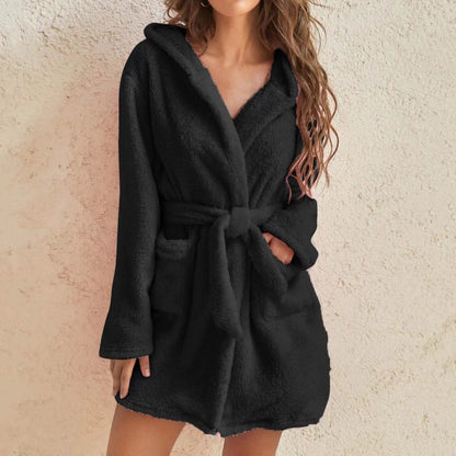 Womens Hooded Plush Fleece Robe Soft Warm Winter