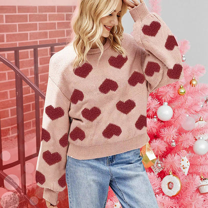 Valentine Heart Pattern Knit Pullover Sweater for Women