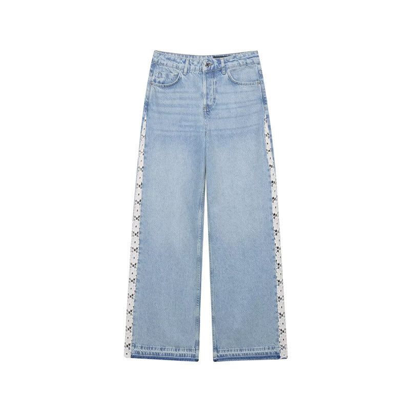 Women's High Waisted Wide Leg Jeans Crochet Panel