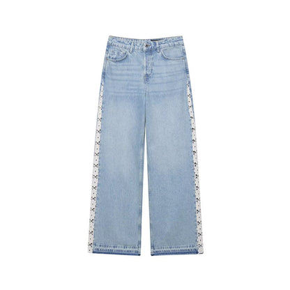 Women's High Waisted Wide Leg Jeans Crochet Panel