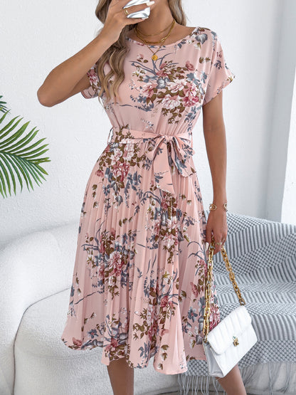 Floral Pleated Midi Dress with Tie Waist for Women