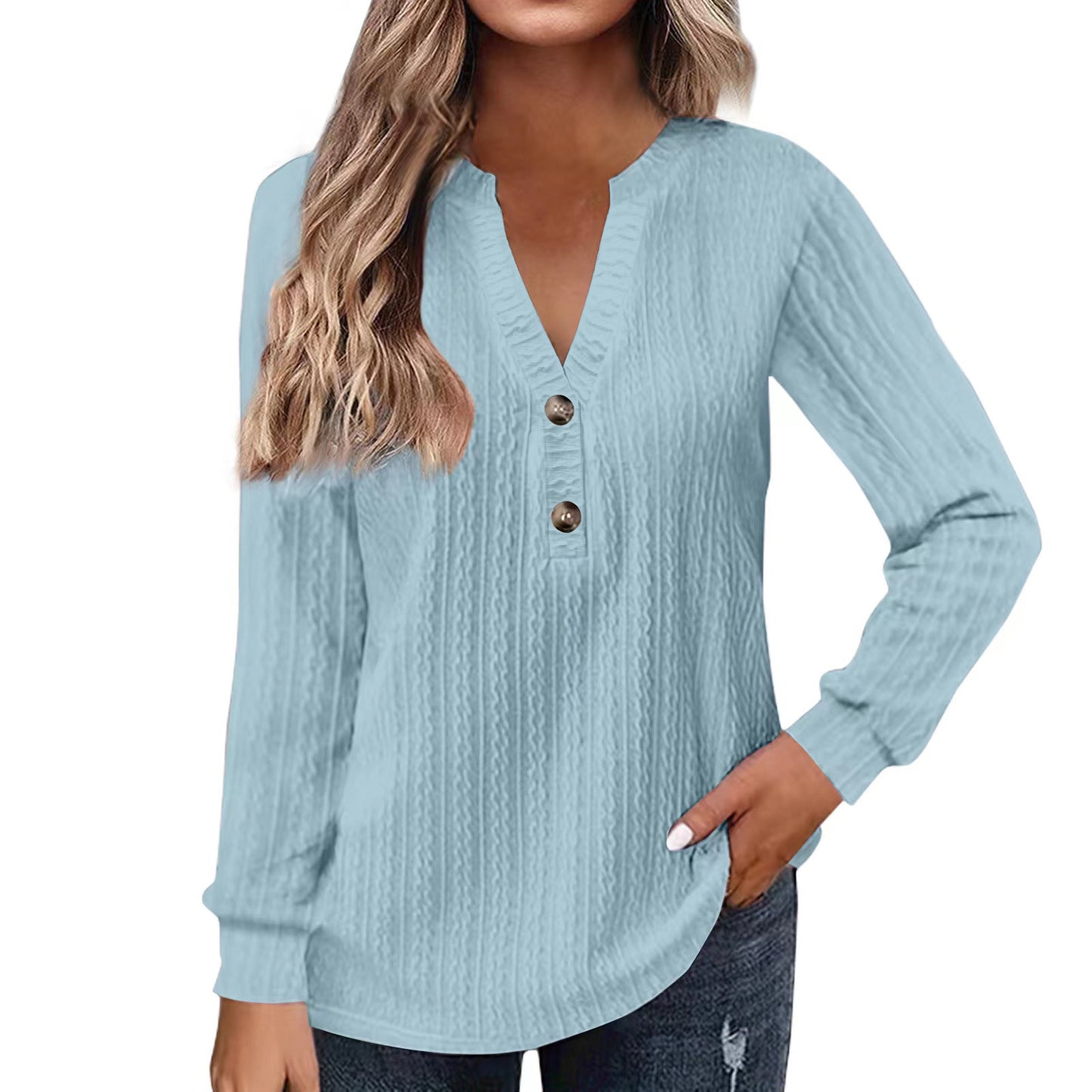 Women's Long Sleeve V Neck Button Front Casual Tunic Top