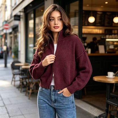 Women's Oversized Fuzzy Zip Up Cardigan Mock Neck