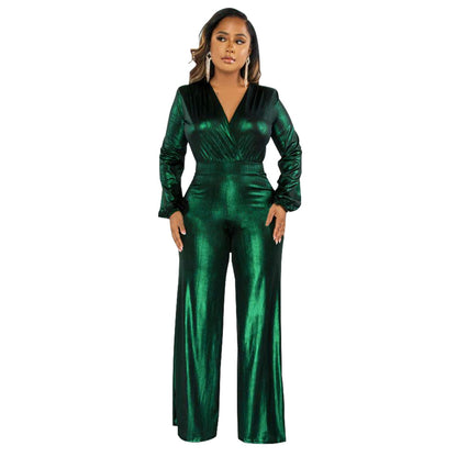 Sexy Metallic V-Neck Long Sleeve Flare Jumpsuit