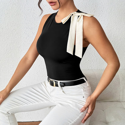 Contrast Bow Sleeveless Bodysuit Slim Fit Going Out Top
